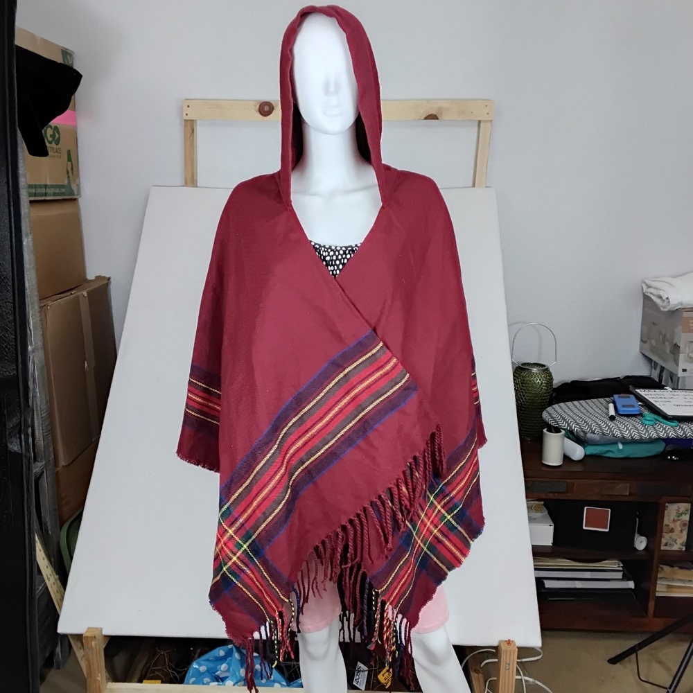 Women's Burgundy Hooded Poncho Cape Fringe Plaid Trim One Size Boho Wrap